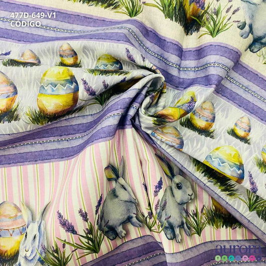 Tricoline Digital 100% Algodão - Coleção Barrado Páscoa / Estampa  Coelho e Lavanda