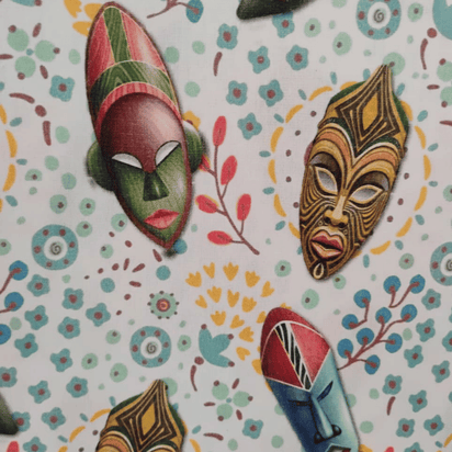 Tricoline Digital 100% Algodão - Coleção Volta ao Mundo - Estampa Mascaras Africanas