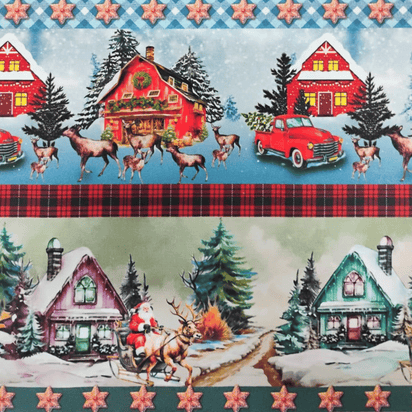 Tricoline Digital 100% Algodão - Coleção Natal - Barrado Trenó de Natal