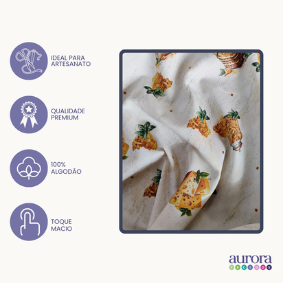 Tricoline Digital 100% Algodão - Coleção Artesanato - Estampa Macarrão com Queijo