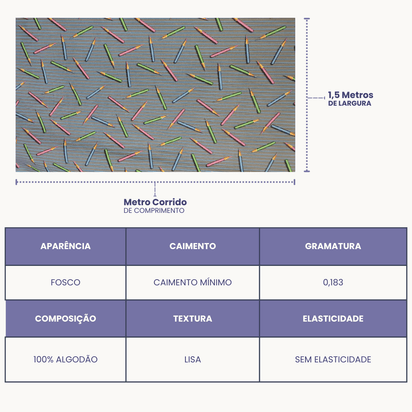 Tricoline Digital 100% Algodão - Coleção Escolar - Estampa  Lápis e Listras