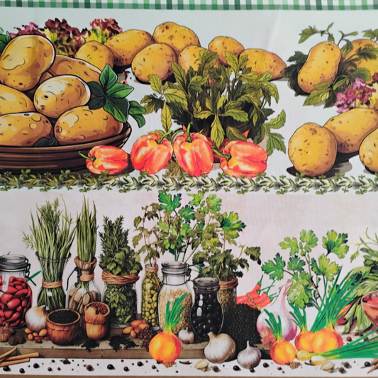 Tricoline Digital 100% Algodão - Coleção Bella Cucina - Barrado Legumes