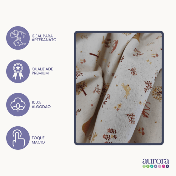 Tecido Linho com Algodão Estampa Bichos na Floresta