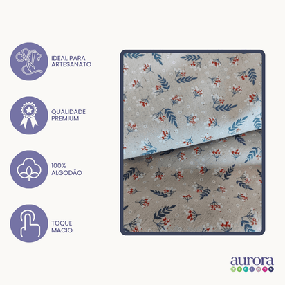 Tecido Linho com Algodão -Coleção Artesanato - Estampa Raminhos de Guaraná