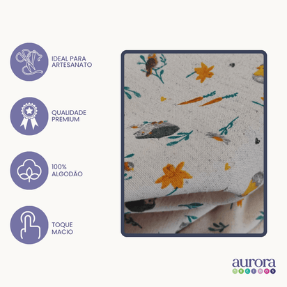 Tecido Linho Misto com Algodão -Estampa Coelho e Pintinhos