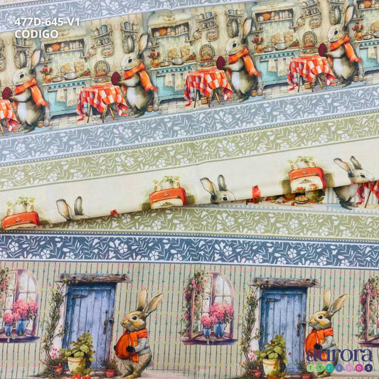 Tricoline  Digital 100% Algodão - coleção Barrado  Páscoa / Estampa Coelho Na Cozinha