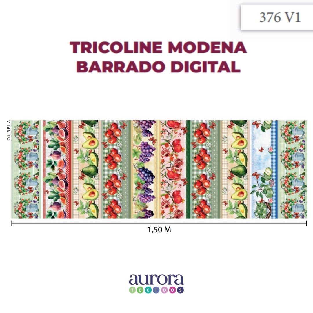 Tricoline Digital 100% Algodão - Coleção Cozinha Encantada Barrado Estampa Frutas