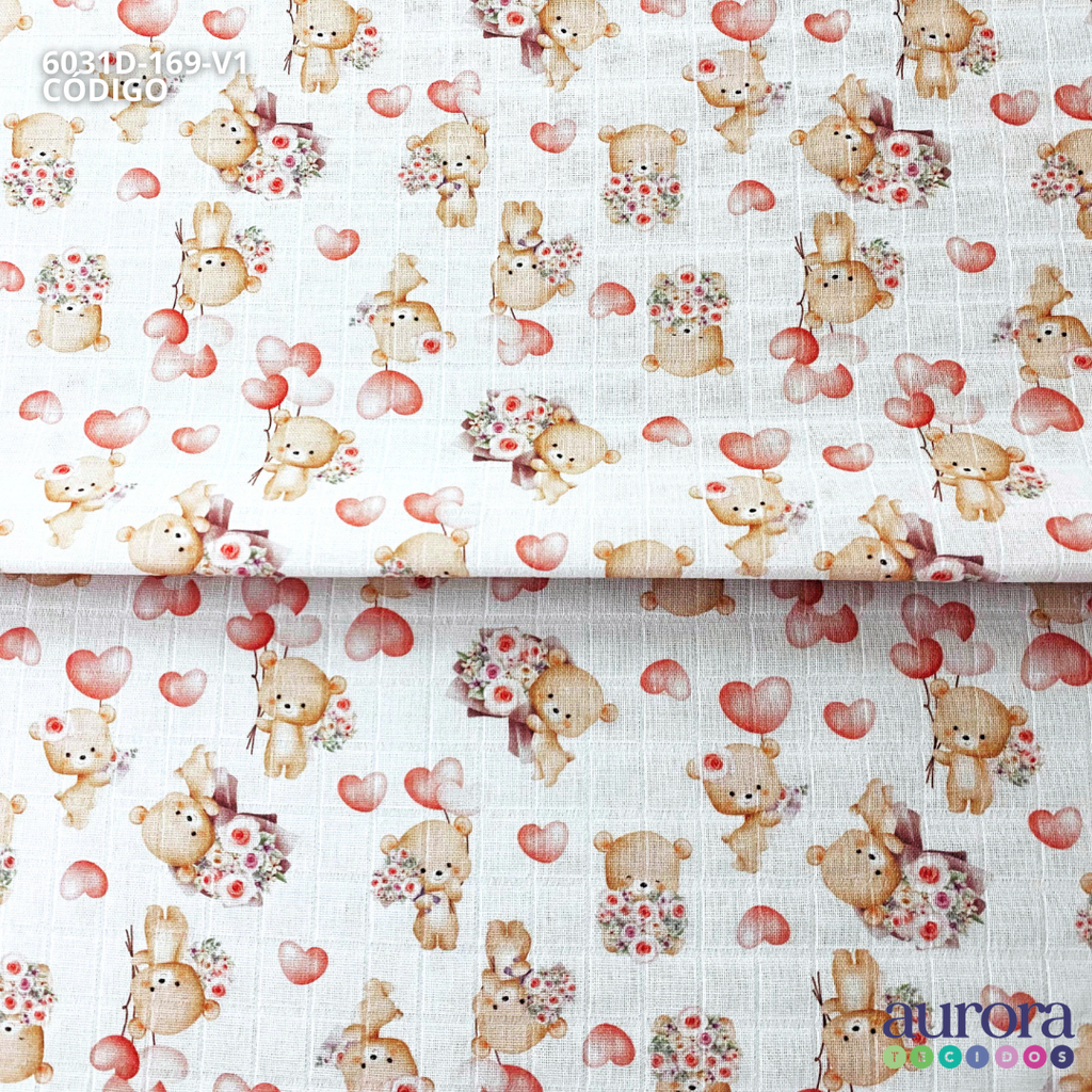 Fralda Mini Quadriculada Digital 2x2 Estampada - Ursinhos & Corações