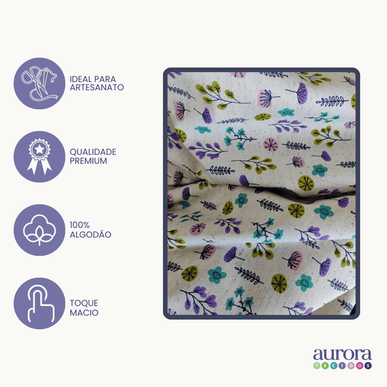 Tecido Linho com Algodão - Coleção Artesanato -  Estampa Floral Colorido