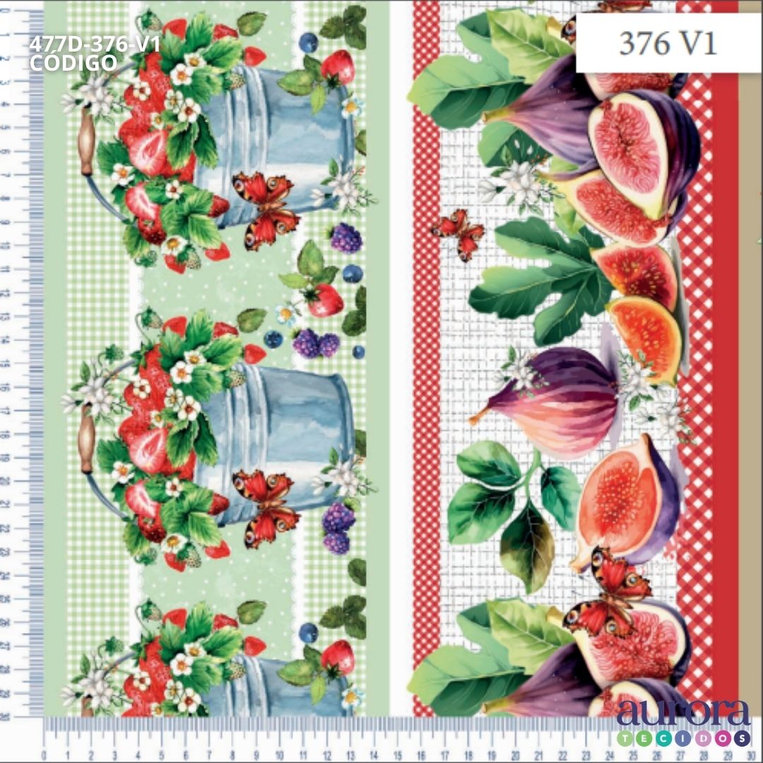 Tricoline Digital 100% Algodão - Coleção Cozinha Encantada Barrado Estampa Frutas