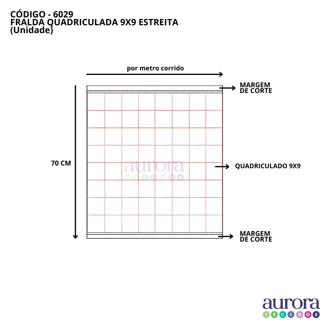 Fralda Lisa Quadriculada Estreita - 9 x 9 cm - largura 70 cm