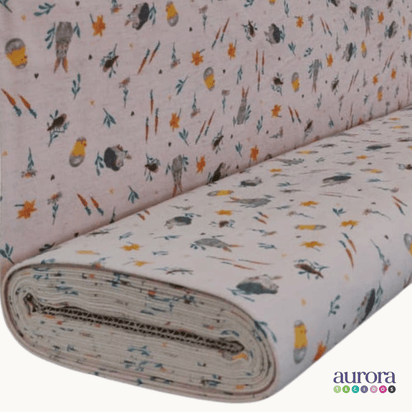 Tecido Linho Misto com Algodão -Estampa Coelho e Pintinhos