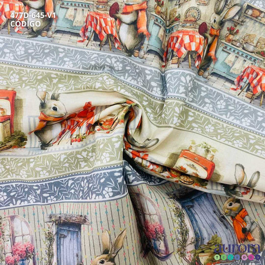 Tricoline  Digital 100% Algodão - coleção Barrado  Páscoa / Estampa Coelho Na Cozinha