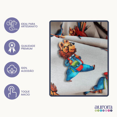 Tricoline Digital 100% Algodão - Coleção Escolar - Estampas Ursinhos Estudiosos