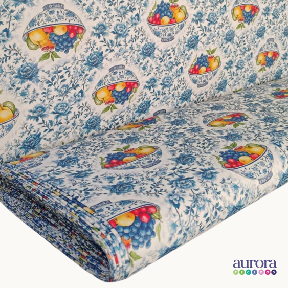 Tricoline Digital 100% Algodão -  Coleção Artesanato - Estampa Frutas e Flores