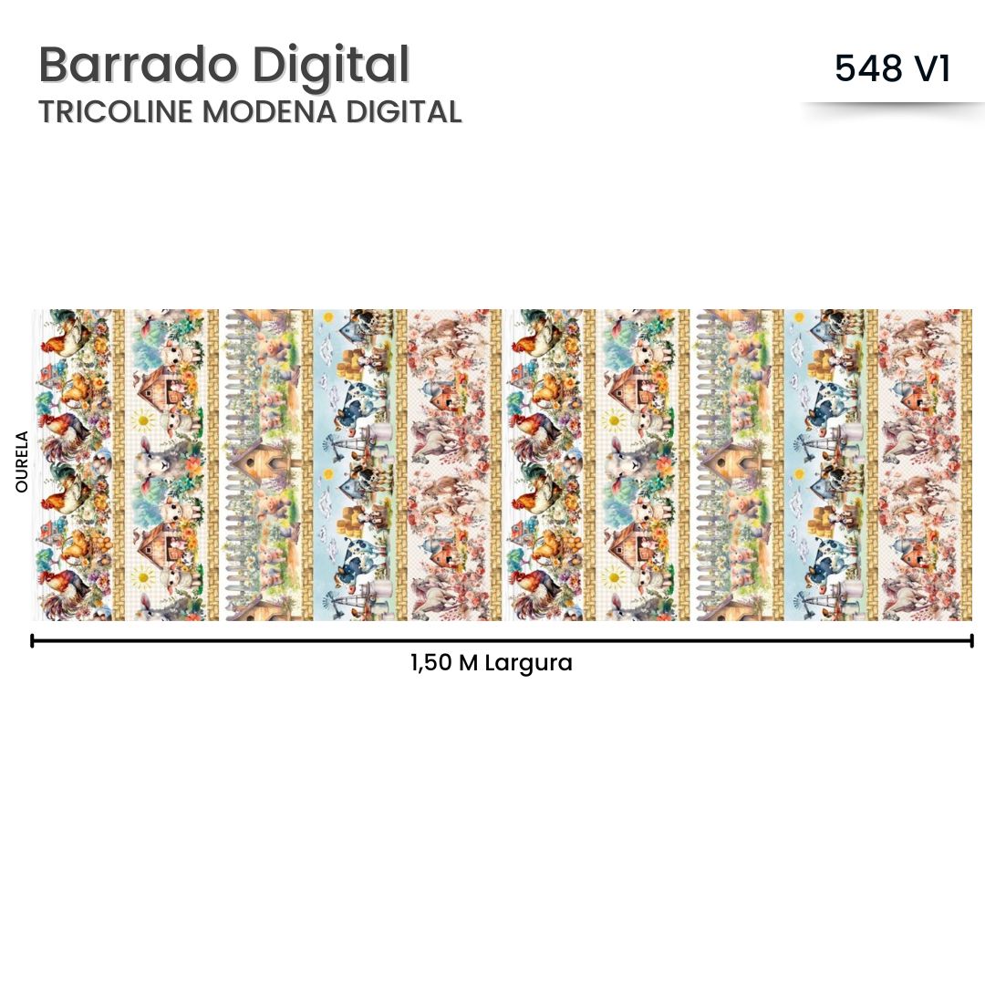 Tricoline Digital 100% Algodão - Coleção  - Barrado Fazenda