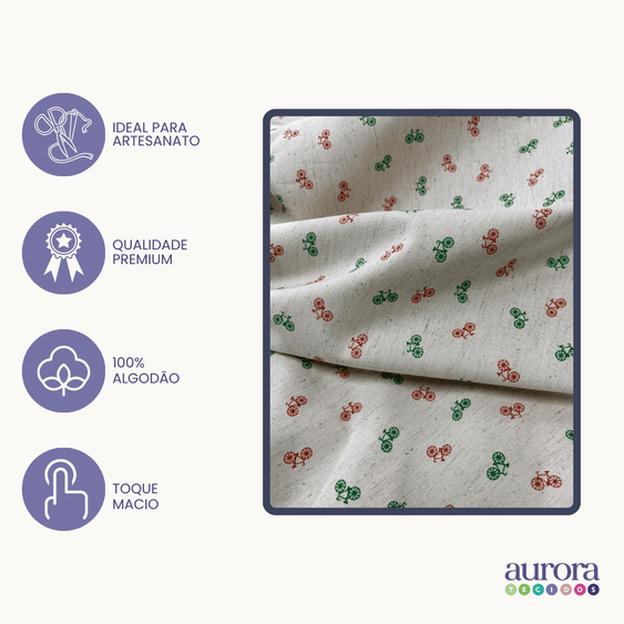 Tecido Linho com Algodão - Coleção Artesanato - Estampa Bicicletas