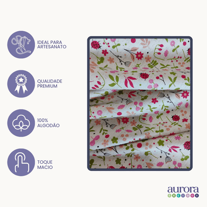 Tecido Linho com Algodão -Coleção Artesanato - Estampa Floral e Joaninhas