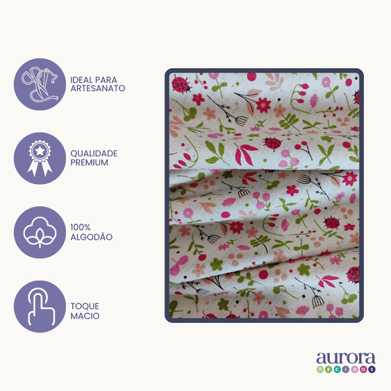 Tecido Linho com Algodão -Coleção Artesanato - Estampa Floral e Joaninhas