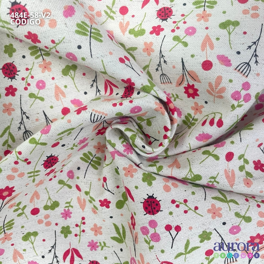 Cotton Linen - Linho com Algodão - Floral e Joaninhas