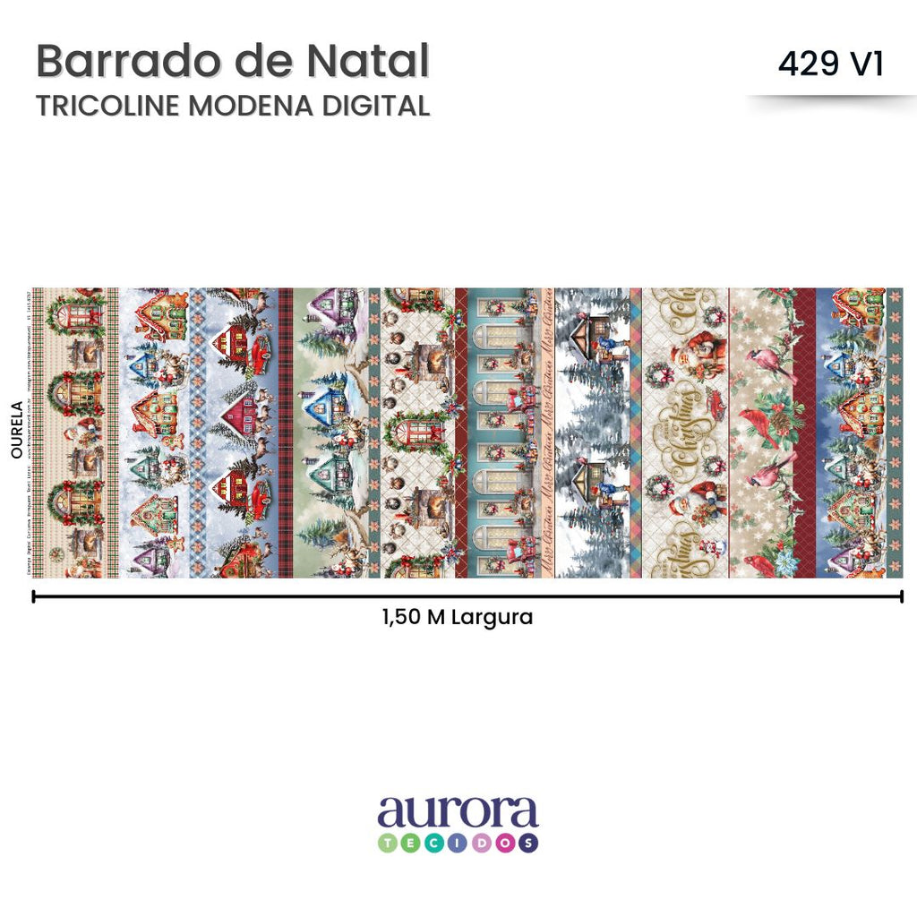 Tricoline Digital 100% Algodão - Coleção Natal 2024 - Barrado Natalino