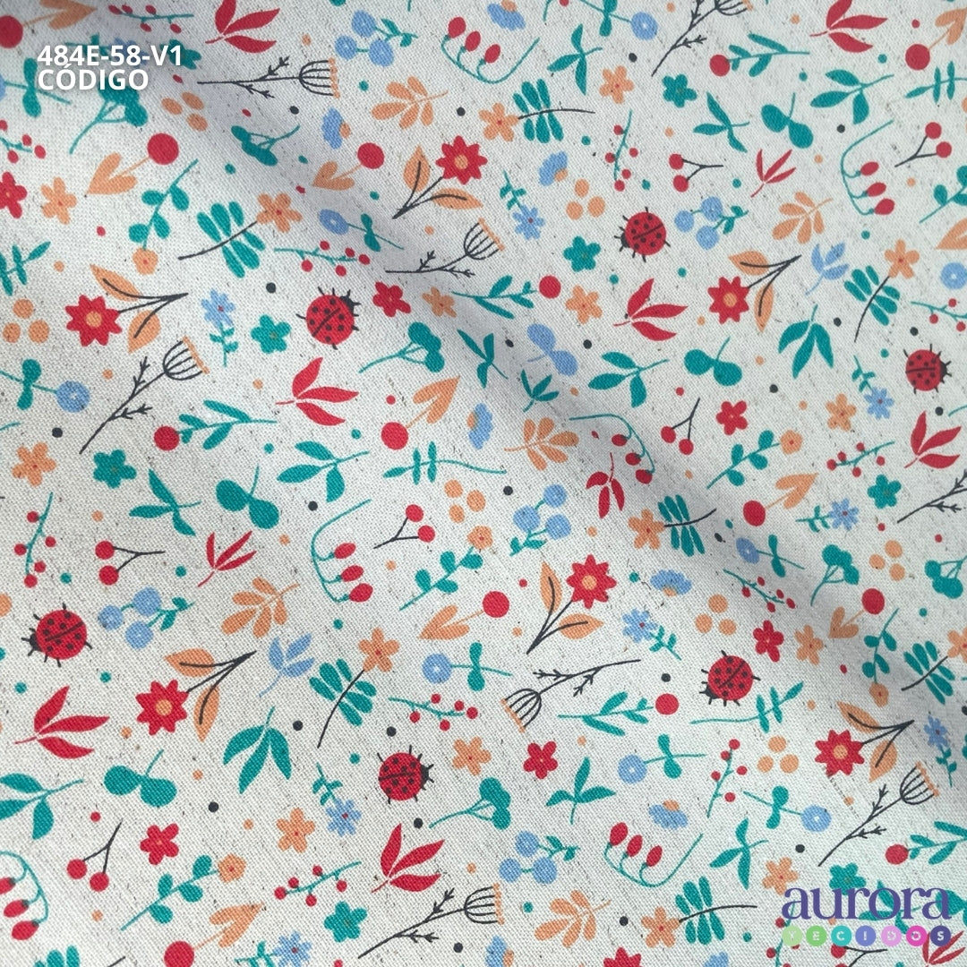 Cotton Linen - Linho com Algodão - Floral e Joaninhas