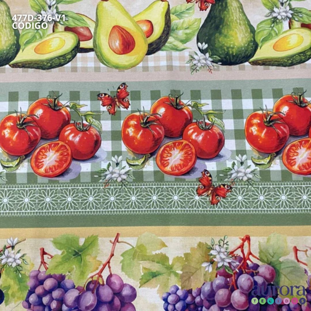 Tricoline Digital 100% Algodão - Coleção Cozinha Encantada Barrado Estampa Frutas