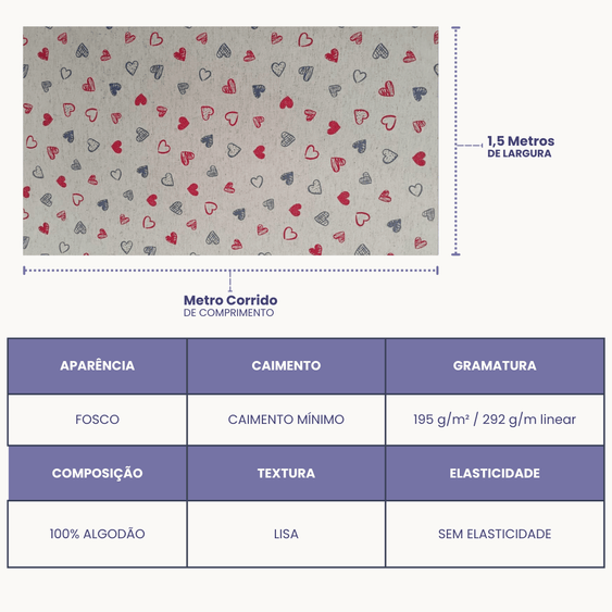 Tecido Linho Misto com Algodão Estampa  Corações