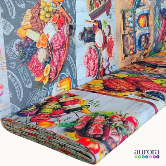 Tricoline Digital 100% Algodão - Coleção Bella Cucina - Barrado Churrasco