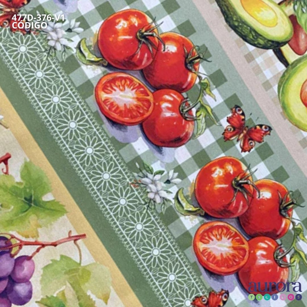 Tricoline Digital 100% Algodão - Coleção Cozinha Encantada Barrado Estampa Frutas