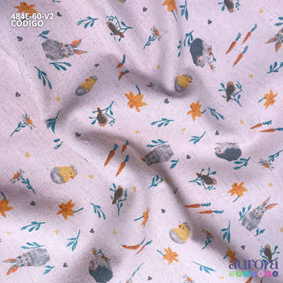 Cotton Linen - Linho com Algodão - Estampa Coelho e Pintinhos