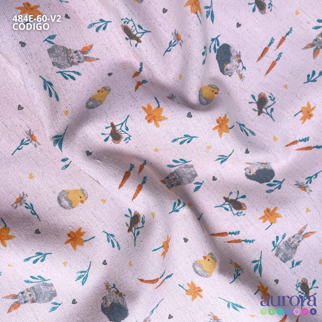 Cotton Linen - Linho com Algodão - Estampa Coelho e Pintinhos